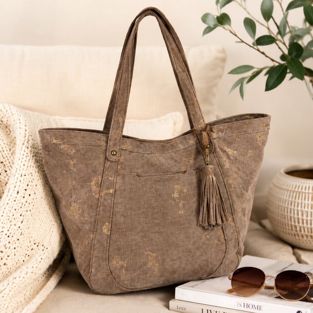 Hobo International Brown Sueded Corduroy Tote Bag Metallic Gold Wash Tassel Zip
